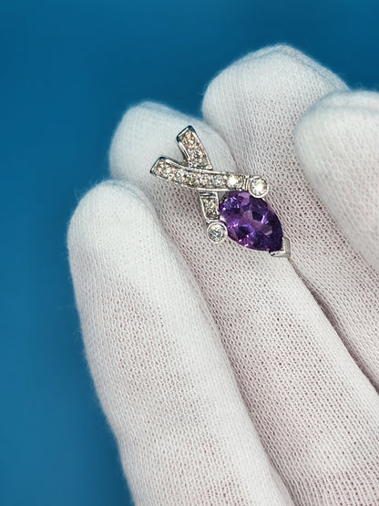 Pear Amethyst and Diamond Pendant in 14k White Gold