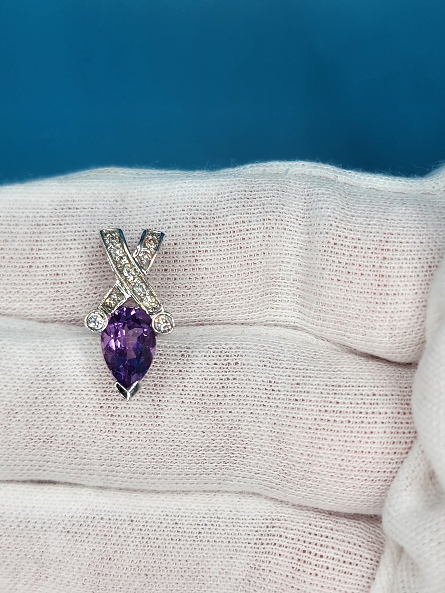 Pear Amethyst and Diamond Pendant in 14k White Gold