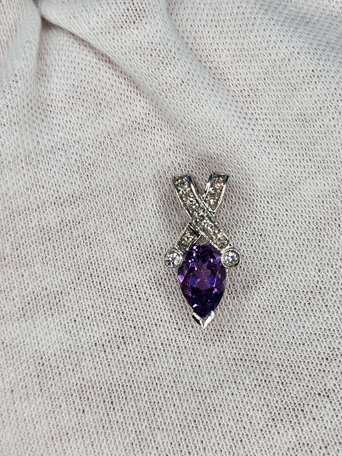 Pear Amethyst and Diamond Pendant in 14k White Gold