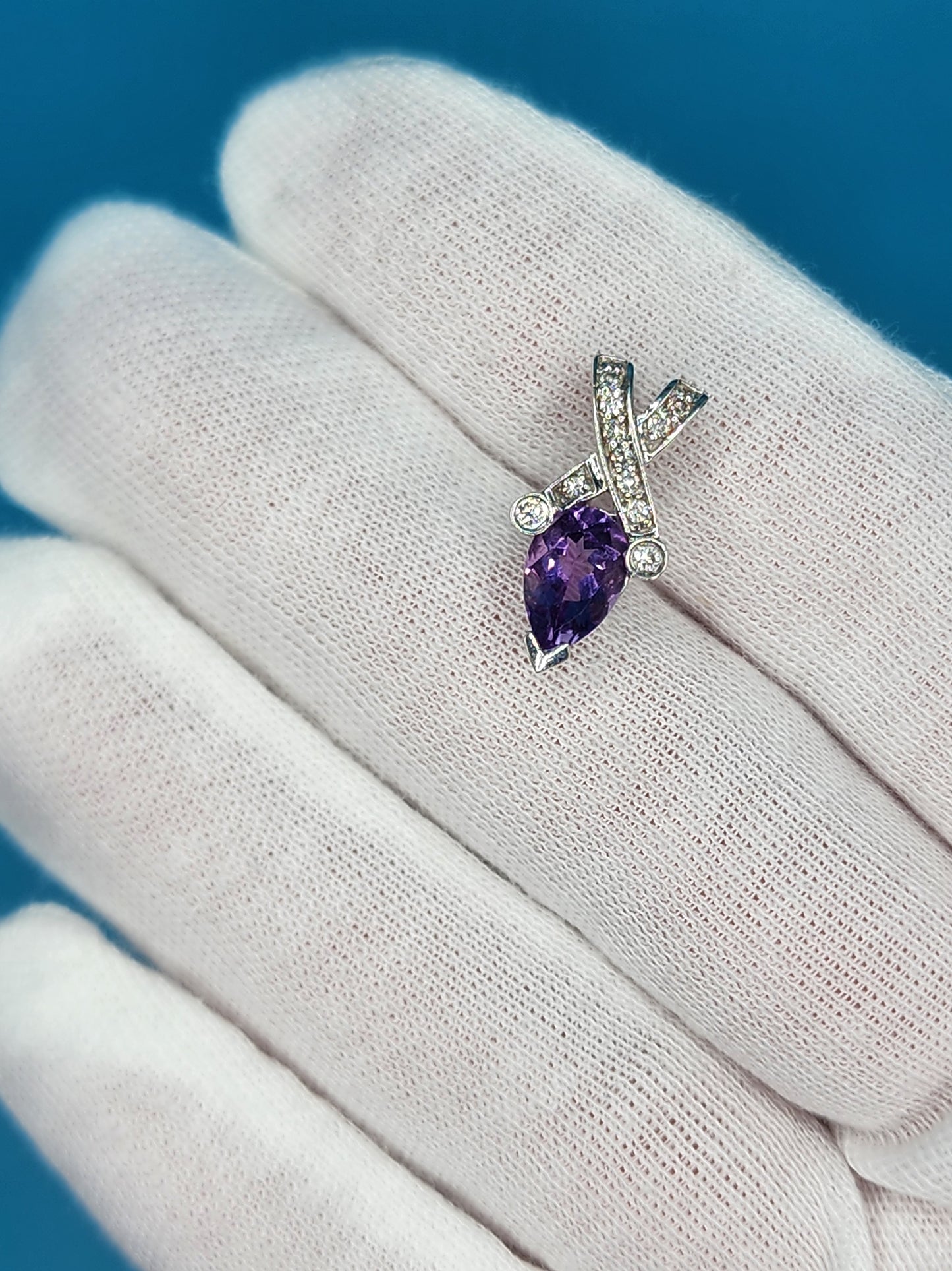 Pear Amethyst and Diamond Pendant in 14k White Gold