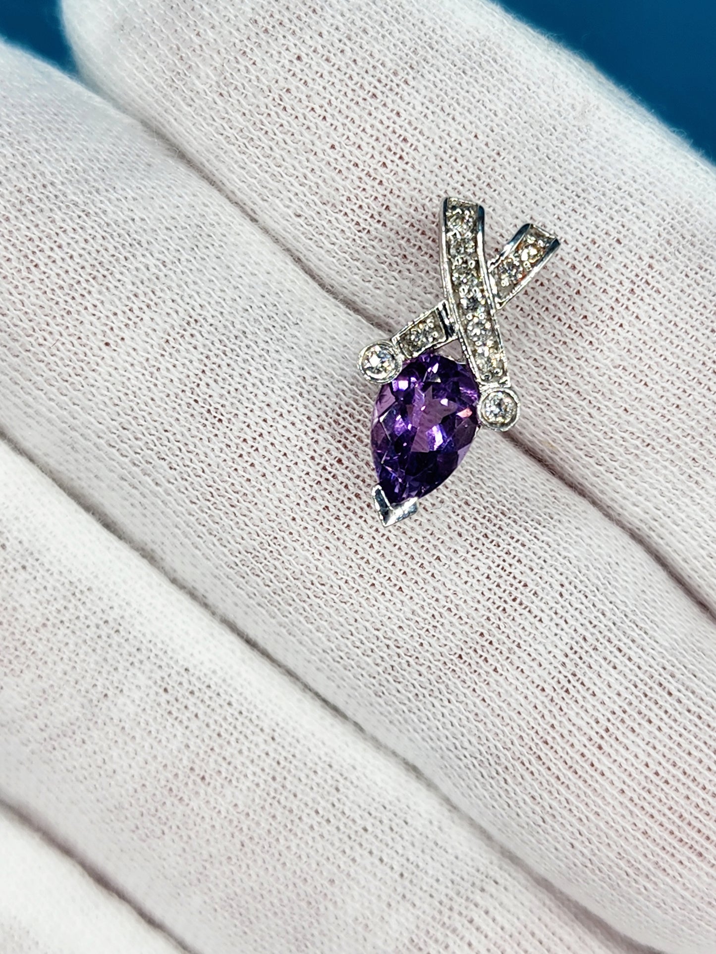 Pear Amethyst and Diamond Pendant in 14k White Gold