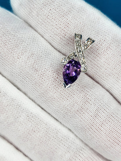 Pear Amethyst and Diamond Pendant in 14k White Gold