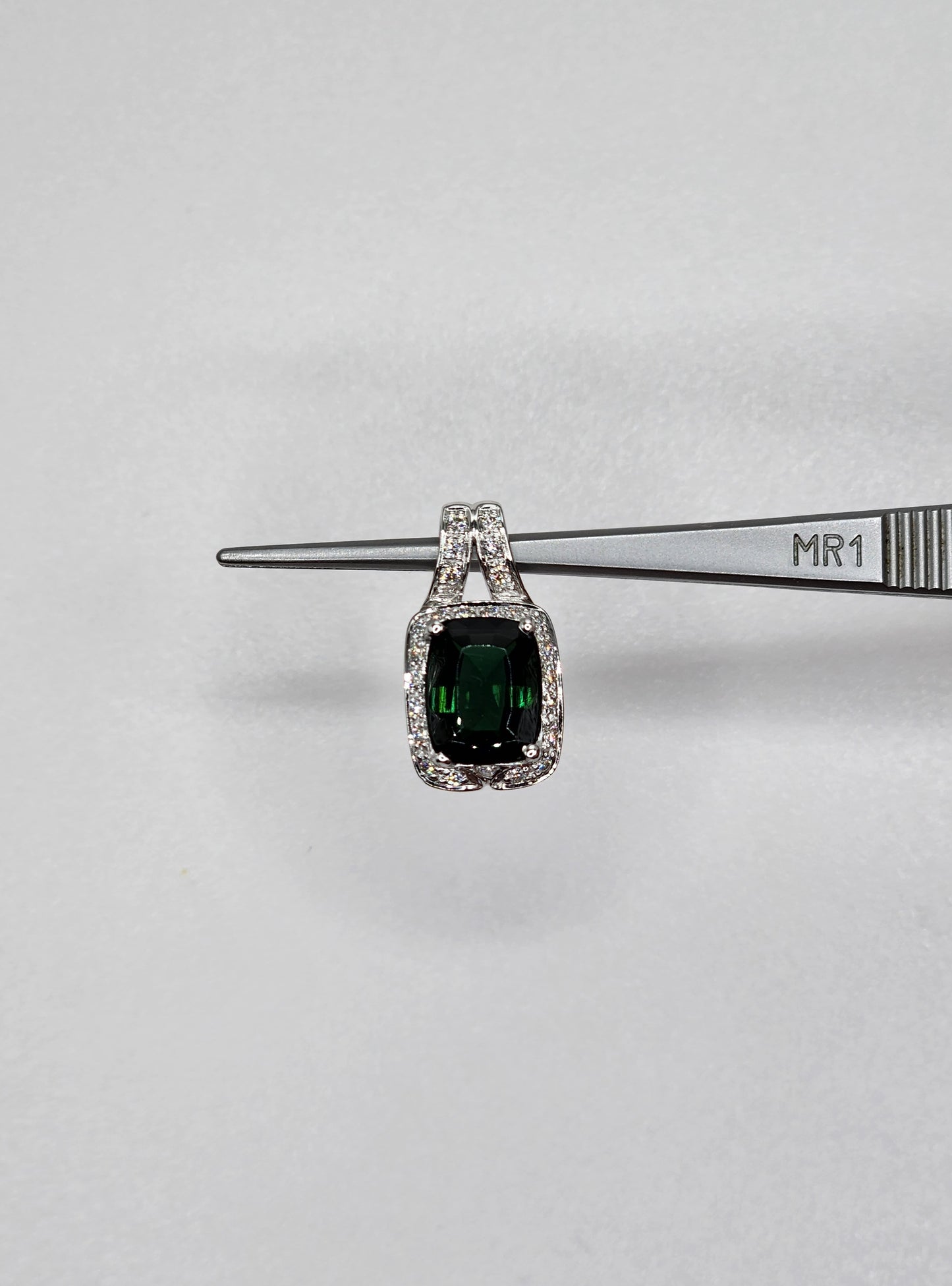 Green Tourmaline Halo Diamond Pendant in 14k White Gold