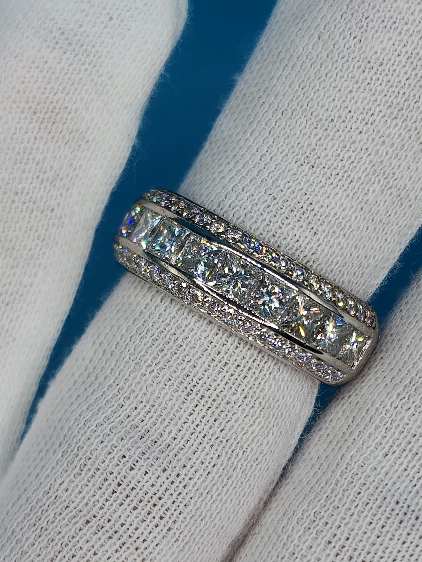 Wide Wedding/Anniversary Band in 14k White Gold with Genuine Princess and Round Cut Diamonds