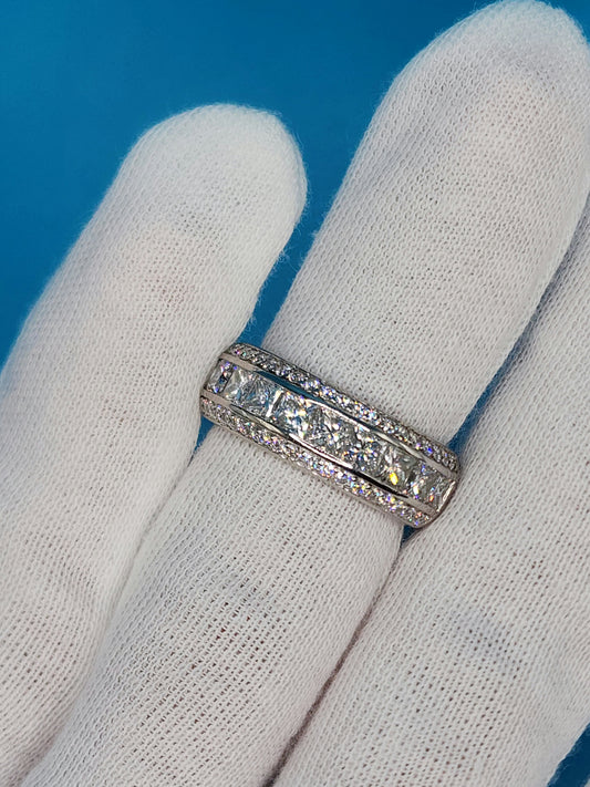 Wide Wedding/Anniversary Band in 14k White Gold with Genuine Princess and Round Cut Diamonds