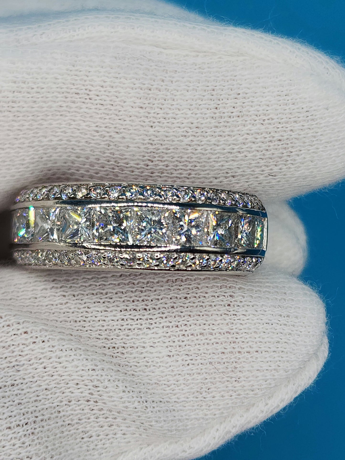 Wide Wedding/Anniversary Band in 14k White Gold with Genuine Princess and Round Cut Diamonds