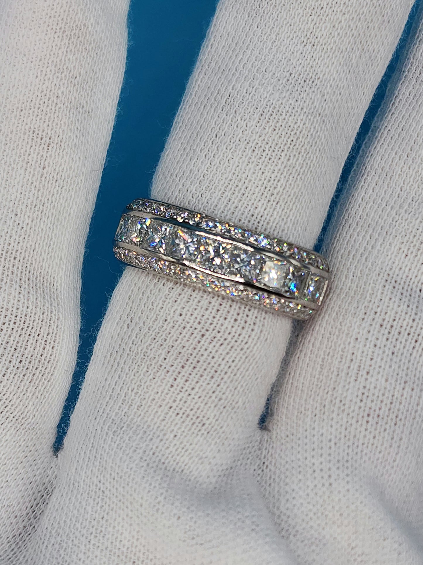 Wide Wedding/Anniversary Band in 14k White Gold with Genuine Princess and Round Cut Diamonds