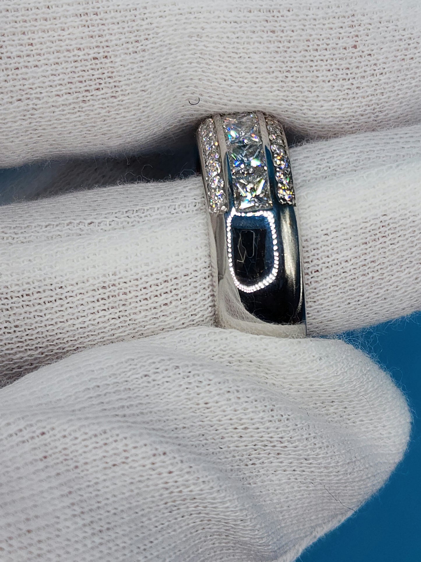 Wide Wedding/Anniversary Band in 14k White Gold with Genuine Princess and Round Cut Diamonds