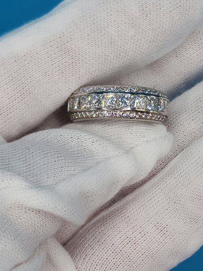 Wide Wedding/Anniversary Band in 14k White Gold with Genuine Princess and Round Cut Diamonds