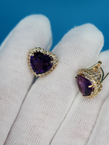 Heart Shaped Amethyst and Halo Diamond Earrings in 14k Yellow Gold