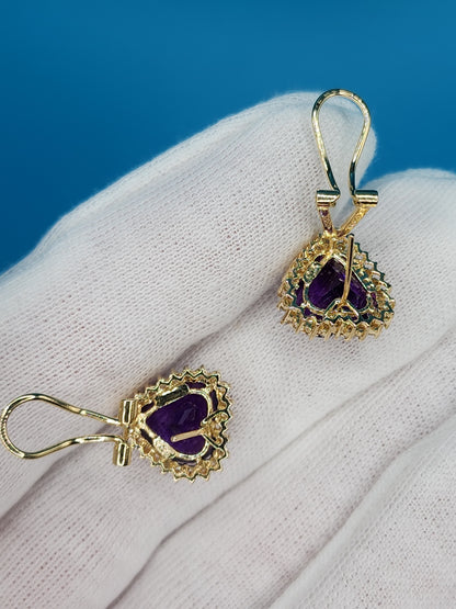 Heart Shaped Amethyst and Halo Diamond Earrings in 14k Yellow Gold