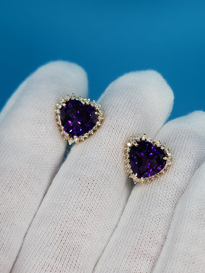 Heart Shaped Amethyst and Halo Diamond Earrings in 14k Yellow Gold