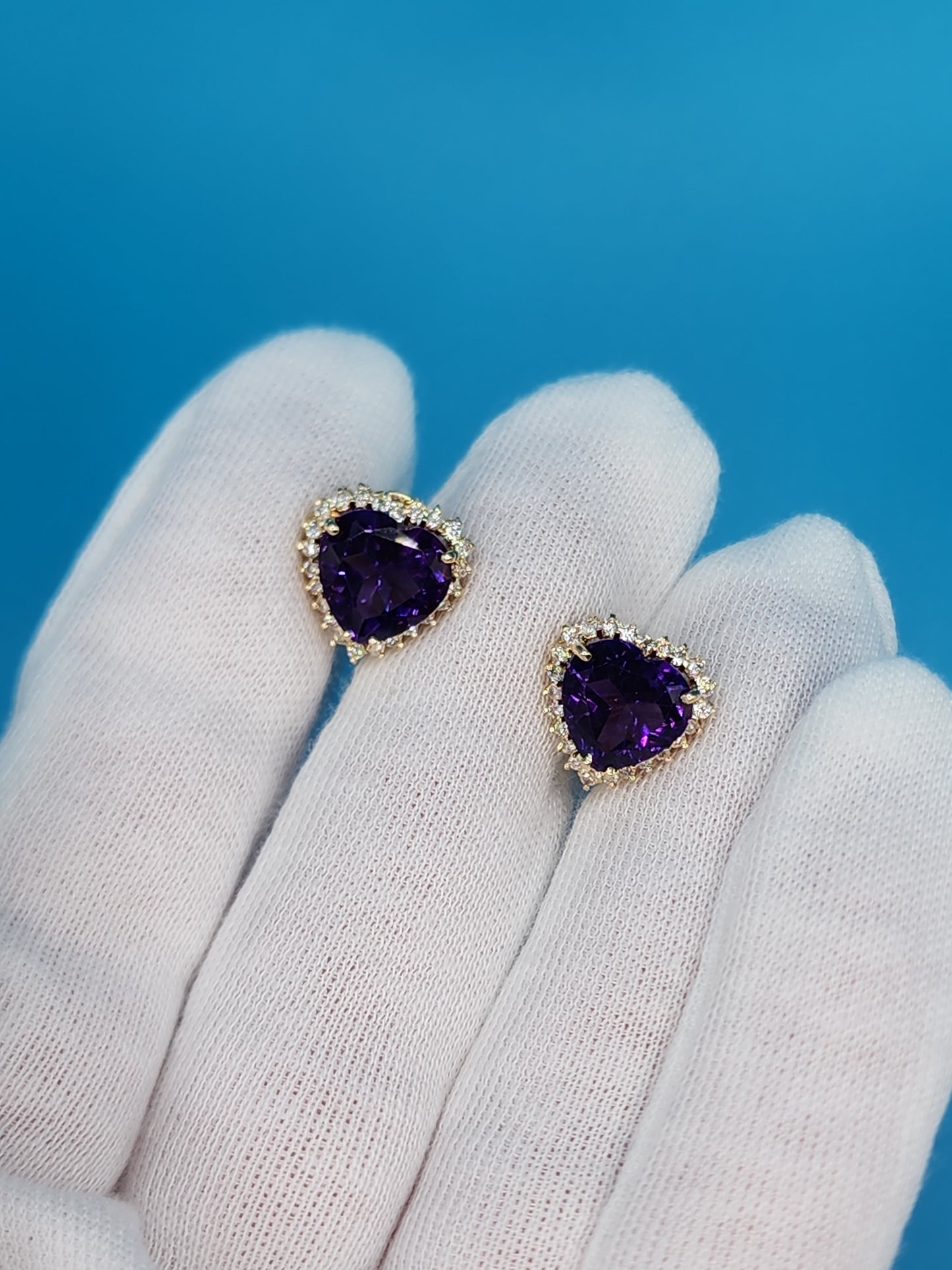 Heart Shaped Amethyst and Halo Diamond Earrings in 14k Yellow Gold