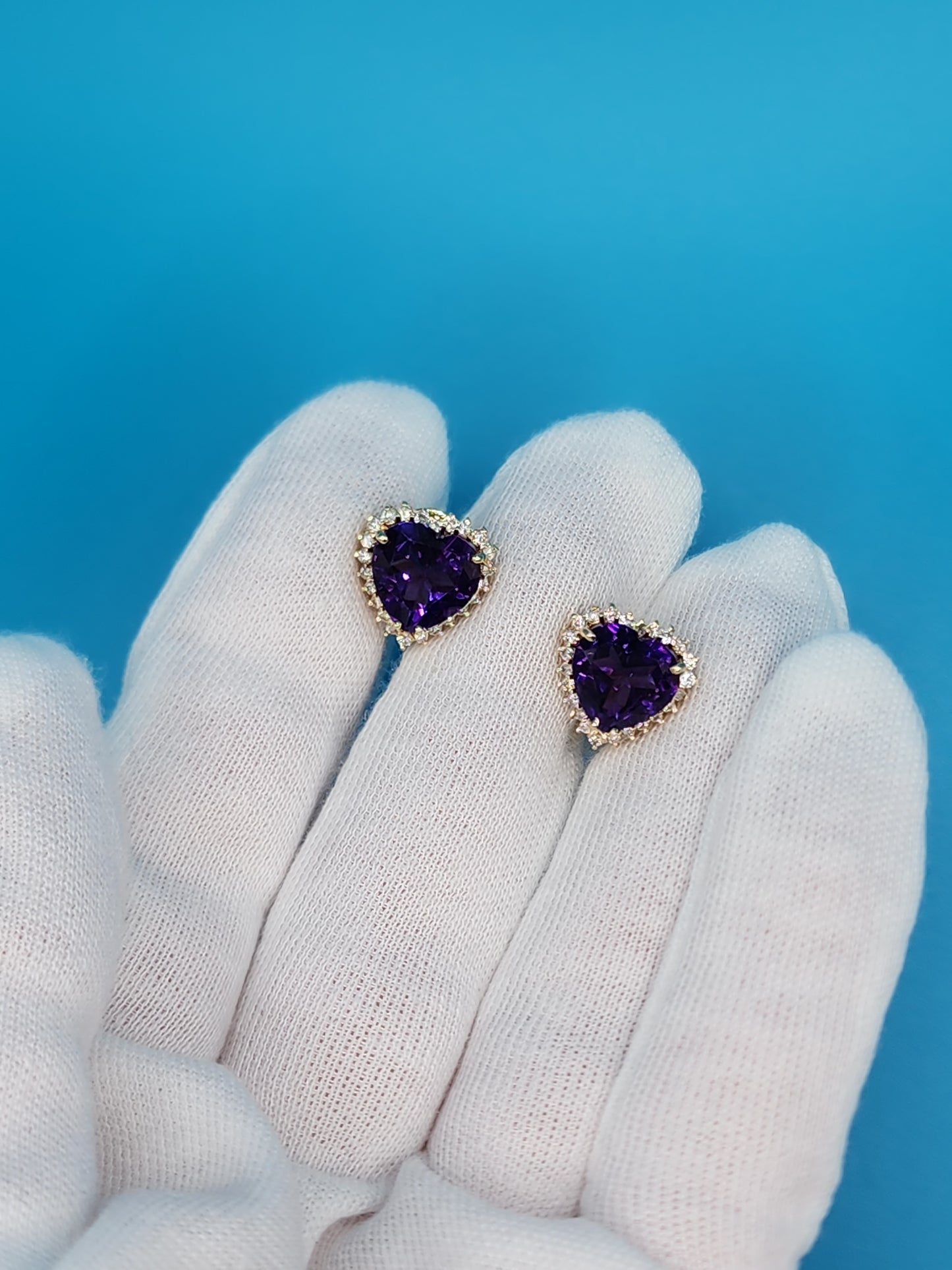 Heart Shaped Amethyst and Halo Diamond Earrings in 14k Yellow Gold