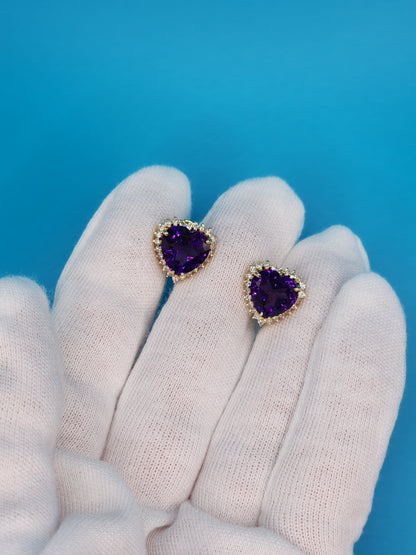 Heart Shaped Amethyst and Halo Diamond Earrings in 14k Yellow Gold