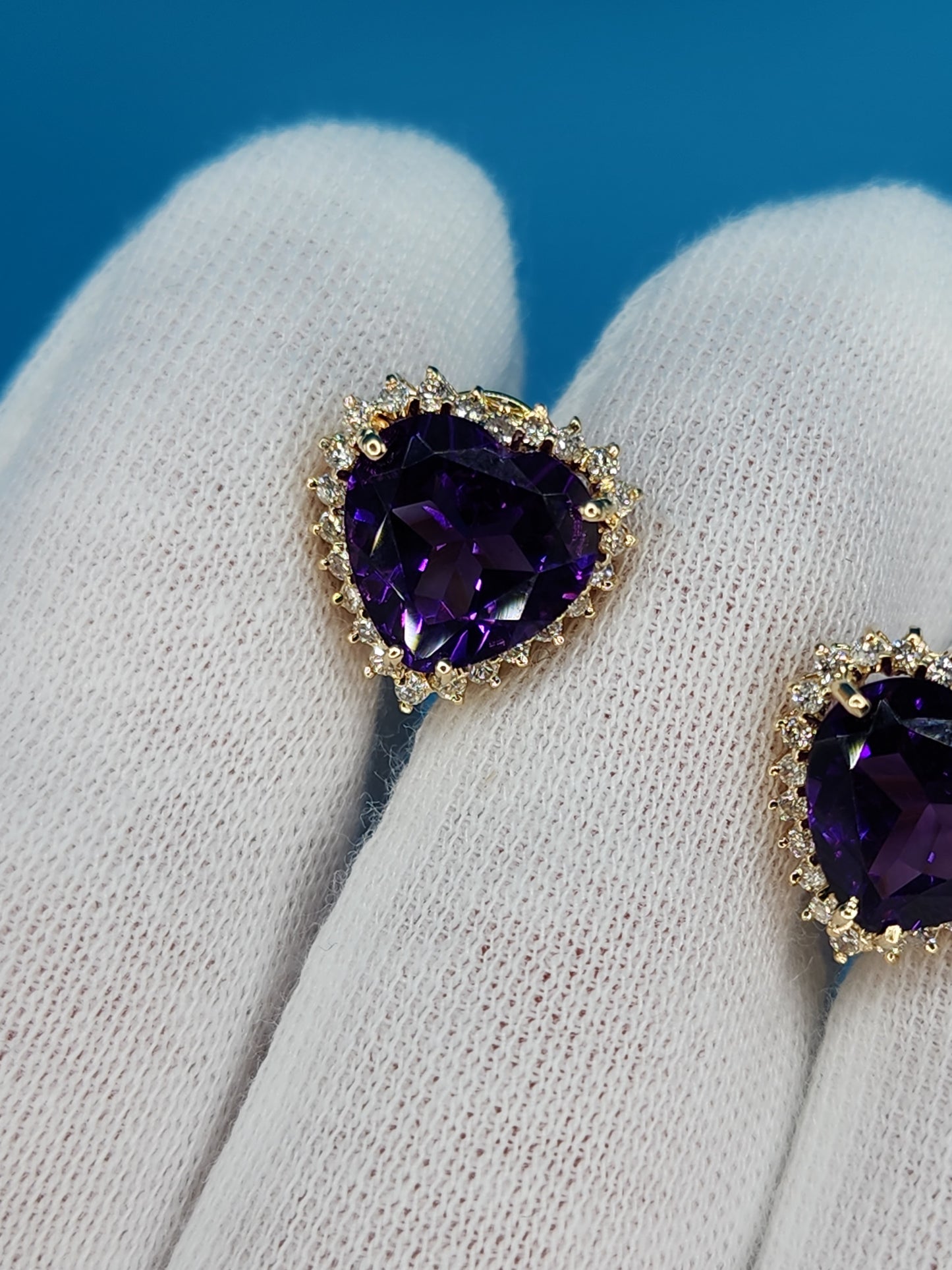 Heart Shaped Amethyst and Halo Diamond Earrings in 14k Yellow Gold