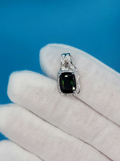 Green Tourmaline Halo Diamond Pendant in 14k White Gold