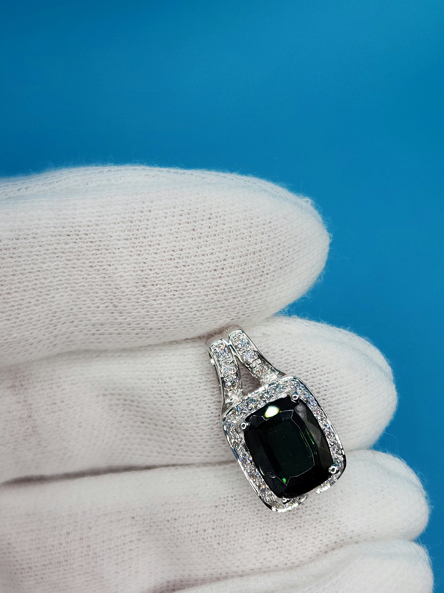 Green Tourmaline Halo Diamond Pendant in 14k White Gold