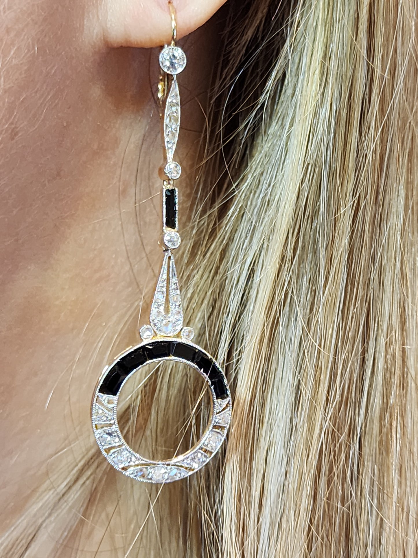 Original Art-Deco Design Diamond and Onyx Dangling Earrings in 14k Yellow Gold