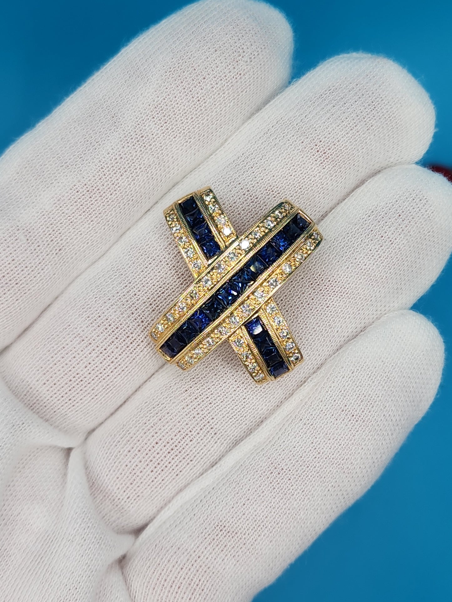 Large "X" Shape Pendant/Slide in 14k Yellow Gold with Genuine Sapphires and Diamonds