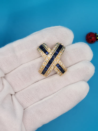 Large "X" Shape Pendant/Slide in 14k Yellow Gold with Genuine Sapphires and Diamonds