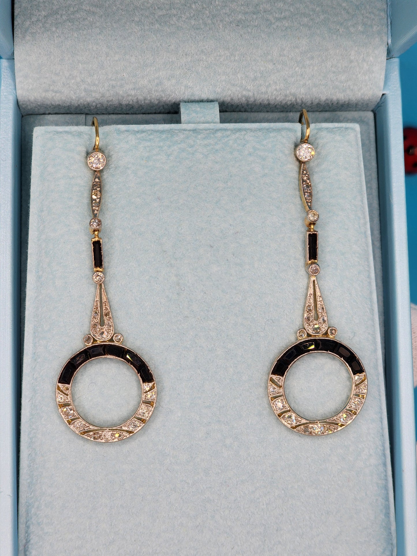 Original Art-Deco Design Diamond and Onyx Dangling Earrings in 14k Yellow Gold