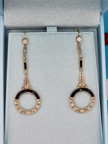 Original Art-Deco Design Diamond and Onyx Dangling Earrings in 14k Yellow Gold