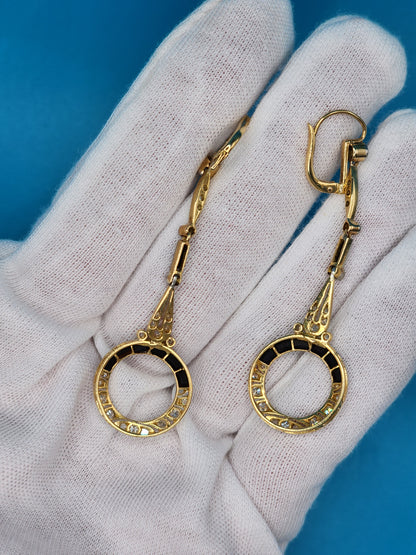 Original Art-Deco Design Diamond and Onyx Dangling Earrings in 14k Yellow Gold