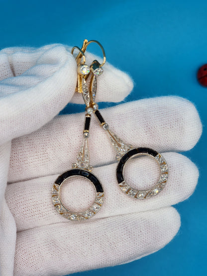 Original Art-Deco Design Diamond and Onyx Dangling Earrings in 14k Yellow Gold