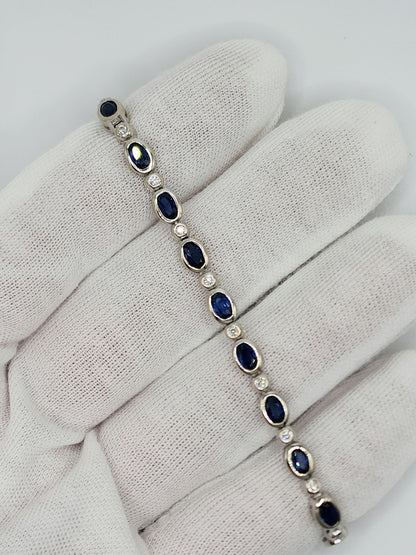 Bezel Set Sapphire and Diamond Tennis Bracelet in 14k White Gold