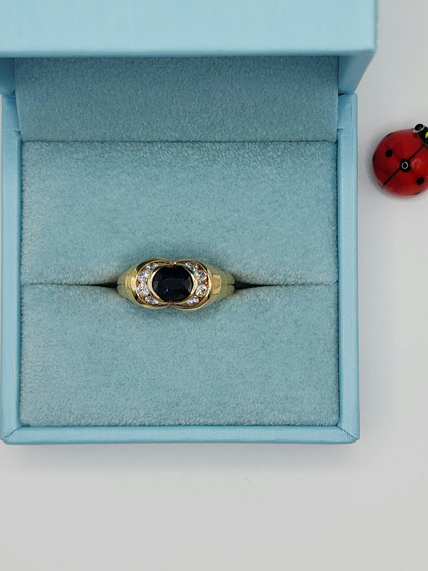 Deep Blue Sapphire and Diamonds East West Ladies Ring in 14k Yellow gold