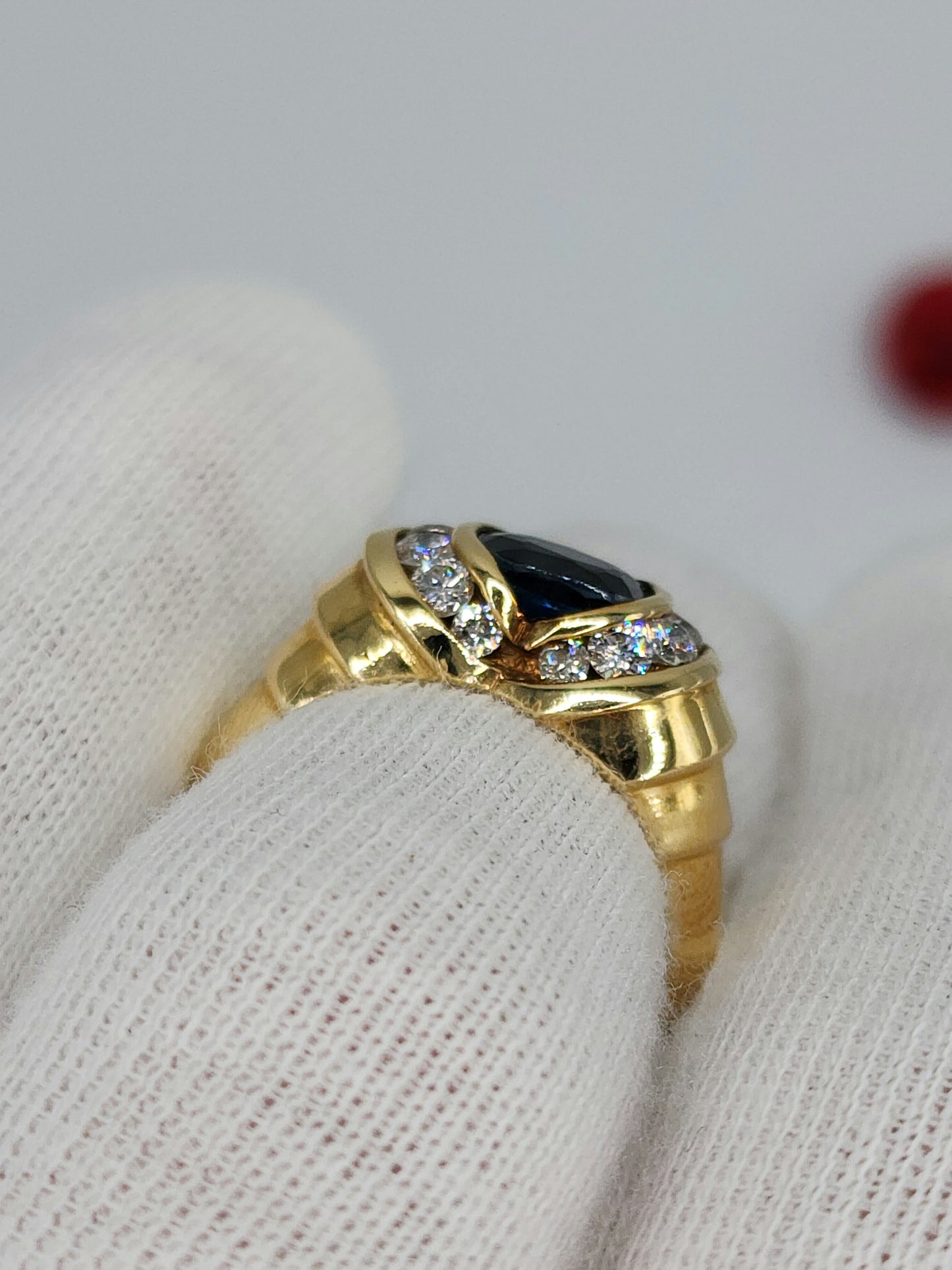 Deep Blue Sapphire and Diamonds East West Ladies Ring in 14k Yellow gold