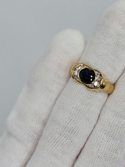 Deep Blue Sapphire and Diamonds East West Ladies Ring in 14k Yellow gold