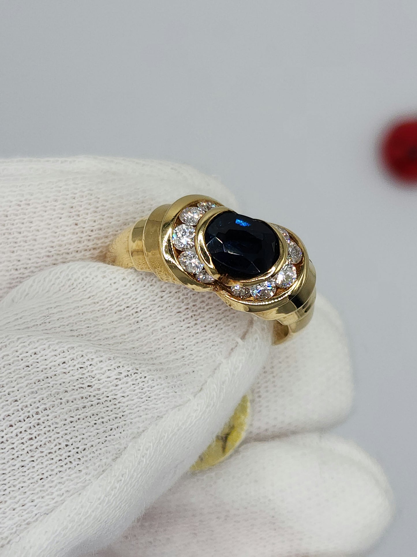 Deep Blue Sapphire and Diamonds East West Ladies Ring in 14k Yellow gold