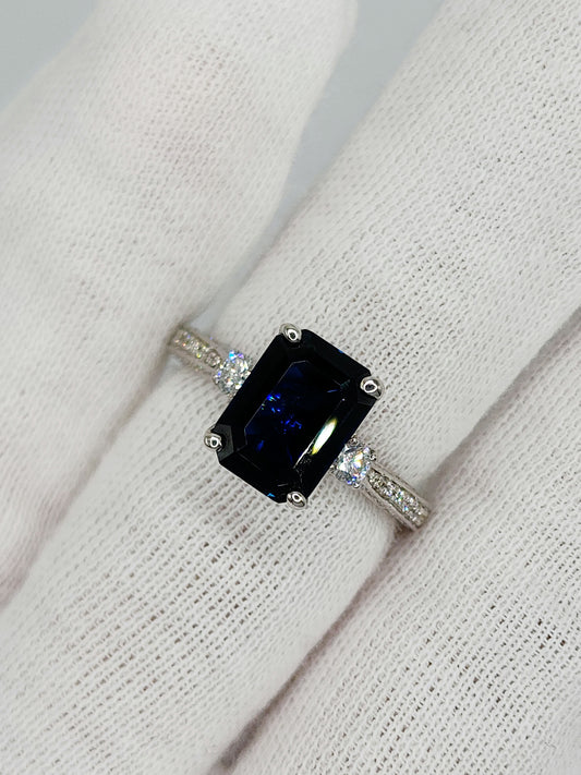 Emerald Cut Blue Sapphire and Diamond Ring in 14k White Gold