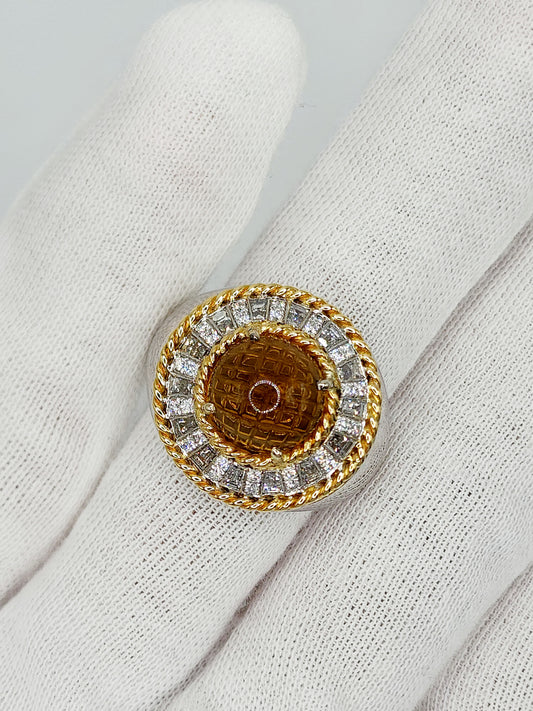 Cabochon Cut Yellow Topaz and Halo Diamonds Ring in 18k Yellow and White Gold