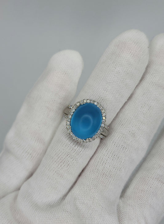 Satin Cabochon Cut Blue Topaz and Diamond Ring in 14k White Gold