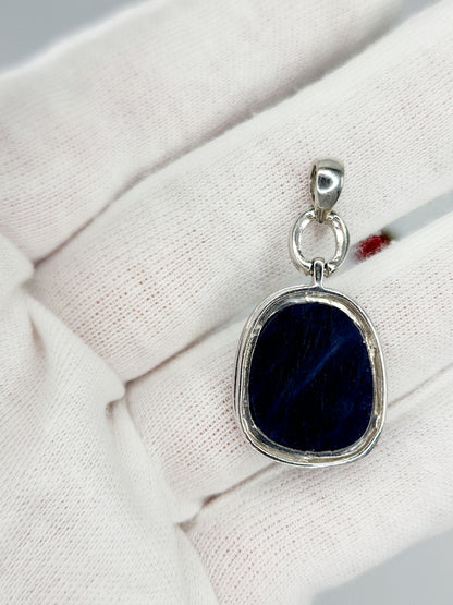 Free Form Large Genuine Sapphire and Diamonds Pendant in 14k White Gold