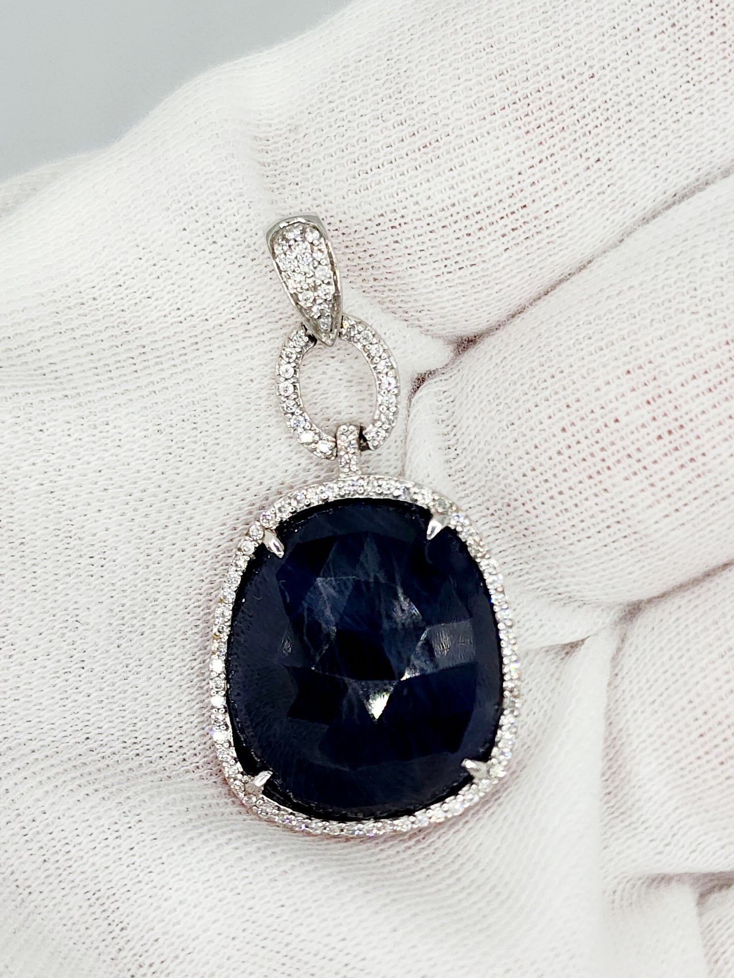 Free Form Large Genuine Sapphire and Diamonds Pendant in 14k White Gold