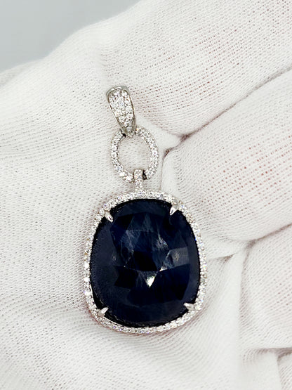 Free Form Large Genuine Sapphire and Diamonds Pendant in 14k White Gold