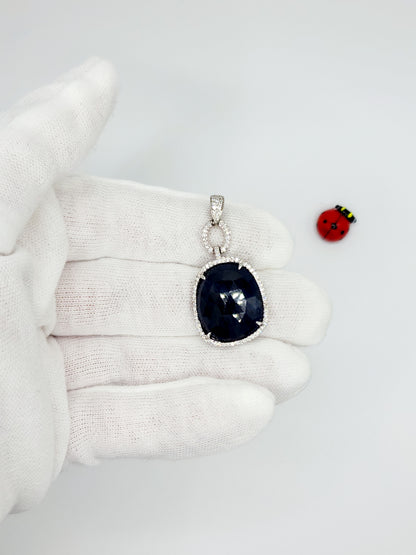 Free Form Large Genuine Sapphire and Diamonds Pendant in 14k White Gold