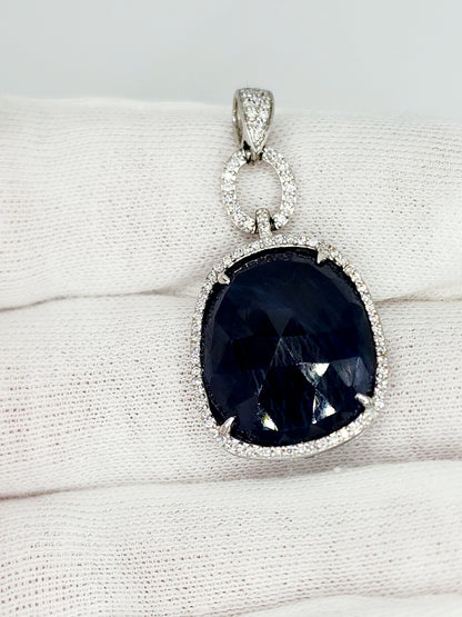 Free Form Large Genuine Sapphire and Diamonds Pendant in 14k White Gold