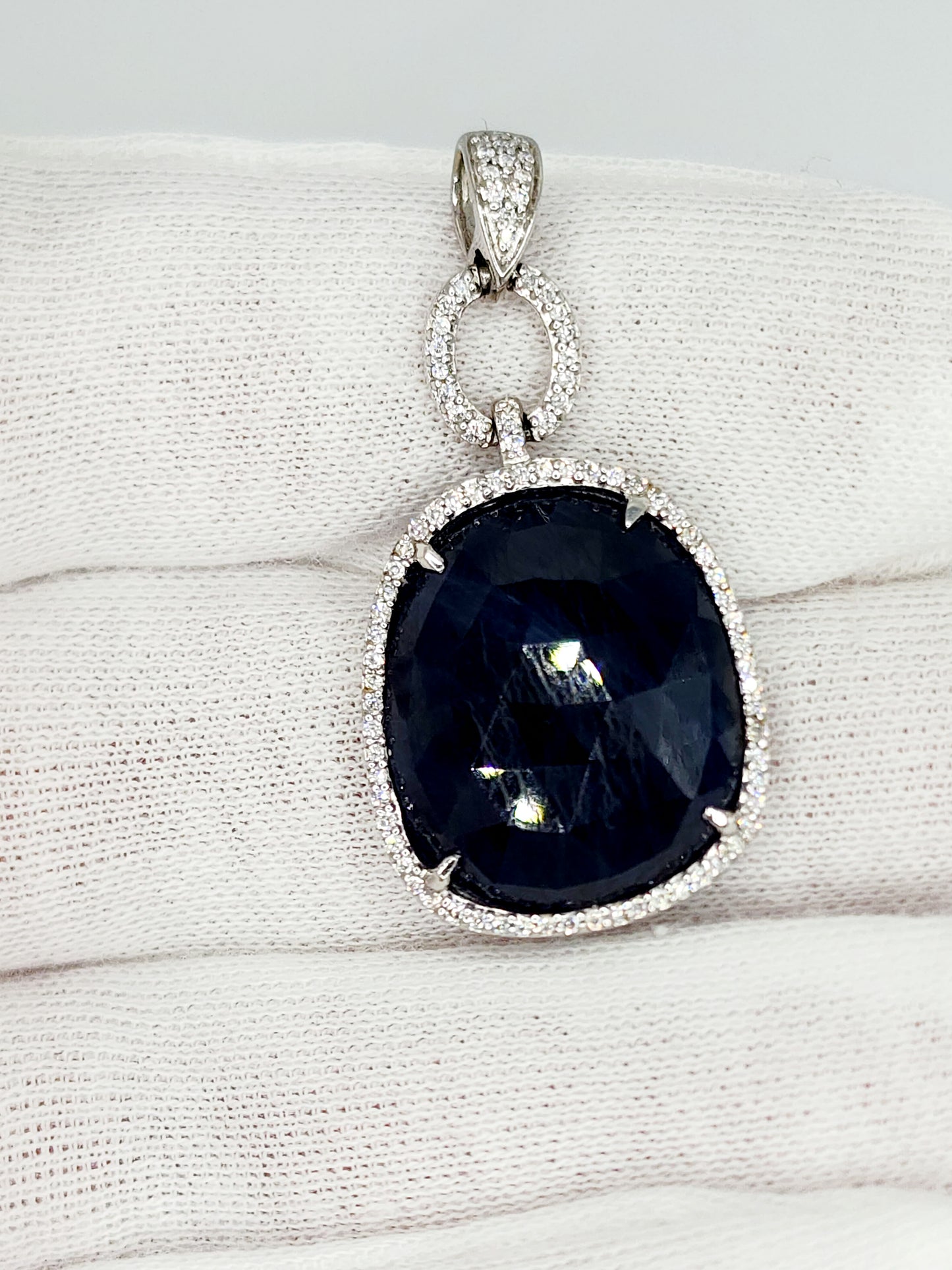 Free Form Large Genuine Sapphire and Diamonds Pendant in 14k White Gold