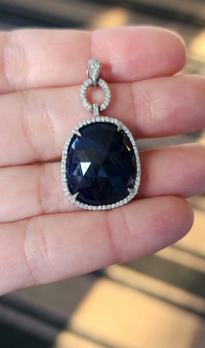 Free Form Large Genuine Sapphire and Diamonds Pendant in 14k White Gold