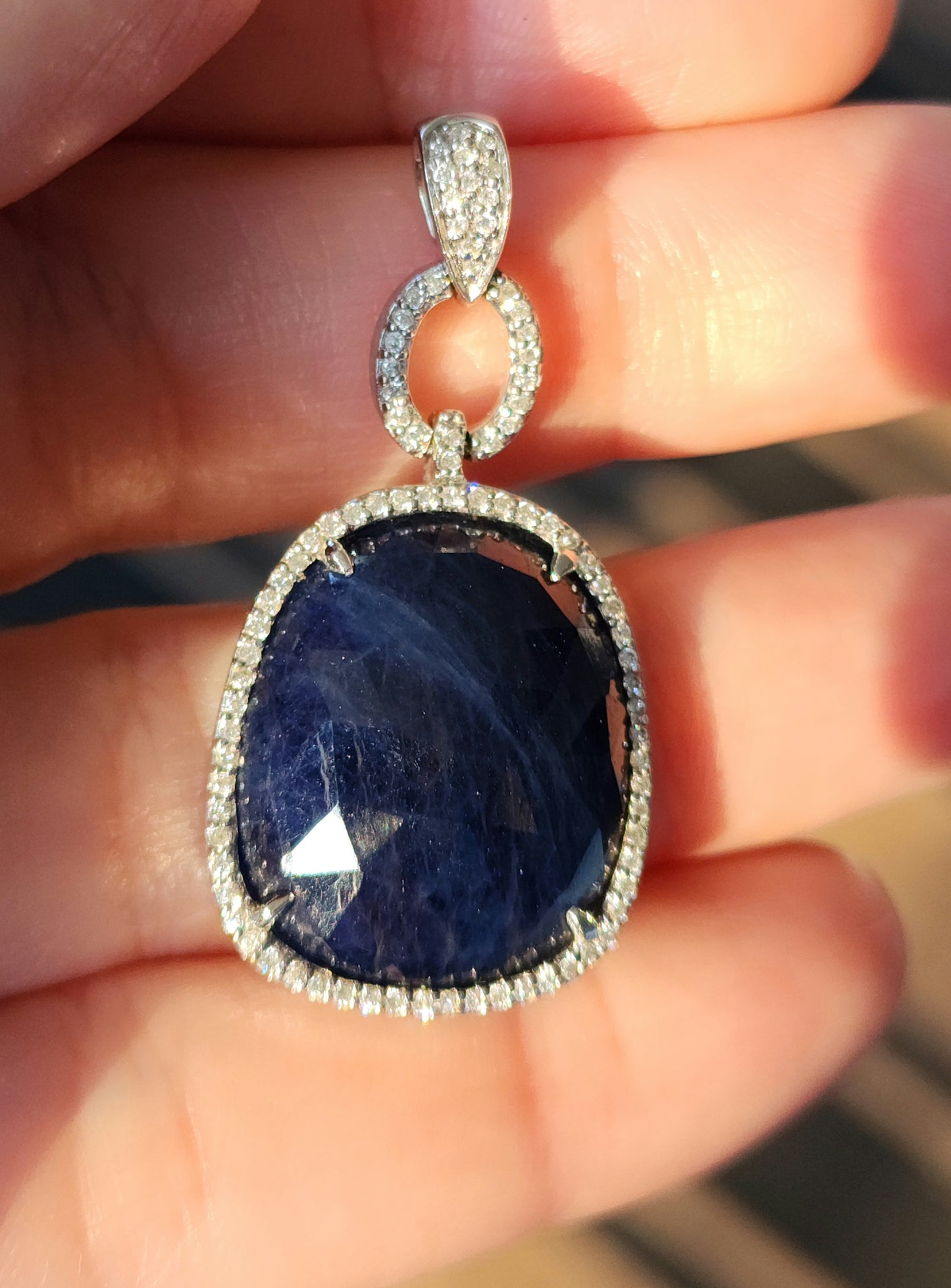 Free Form Large Genuine Sapphire and Diamonds Pendant in 14k White Gold