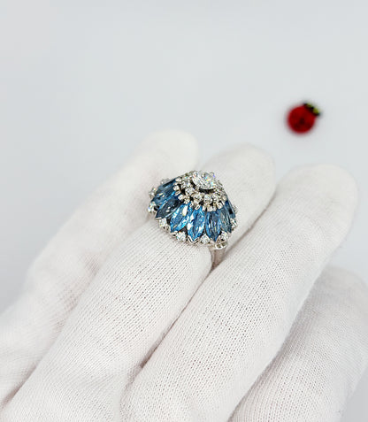 Floral Motif Blue Topaz and Diamond Cluster Ring in 14k White Gold