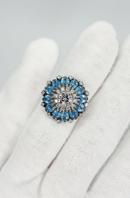 Floral Motif Blue Topaz and Diamond Cluster Ring in 14k White Gold