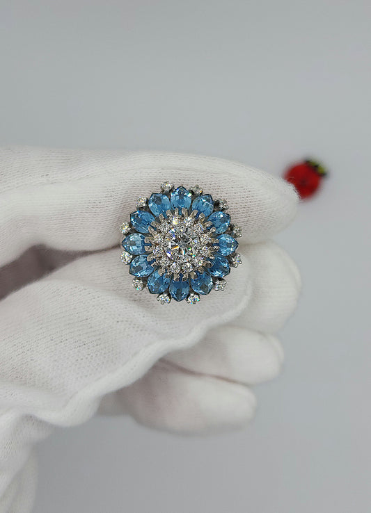 Floral Motif Blue Topaz and Diamond Cluster Ring in 14k White Gold