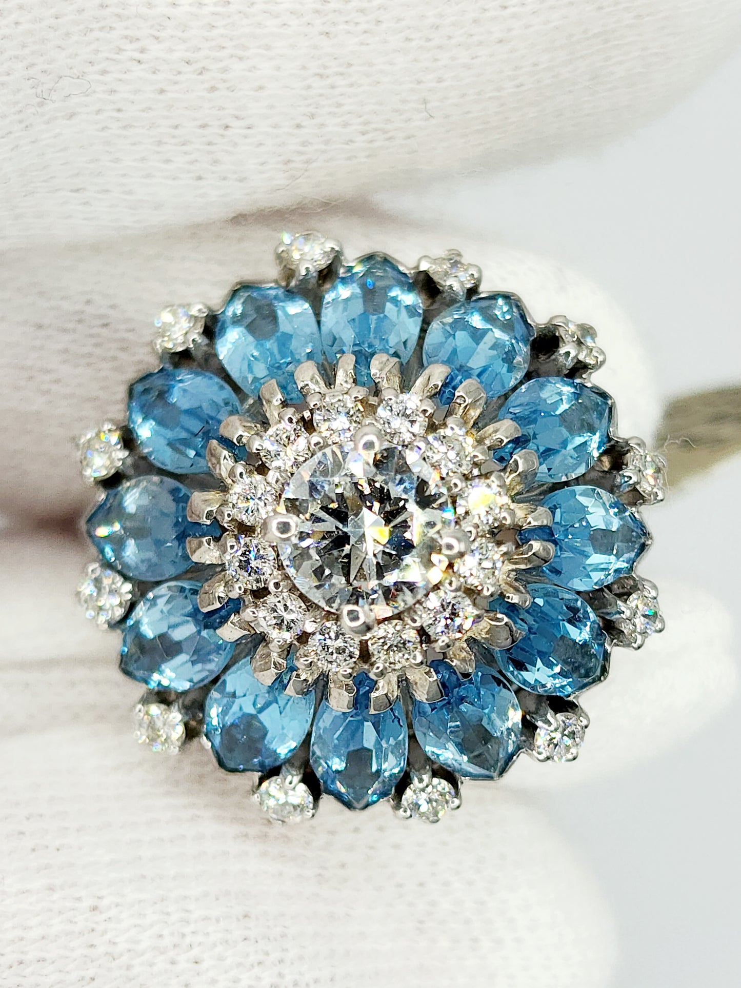 Floral Motif Blue Topaz and Diamond Cluster Ring in 14k White Gold