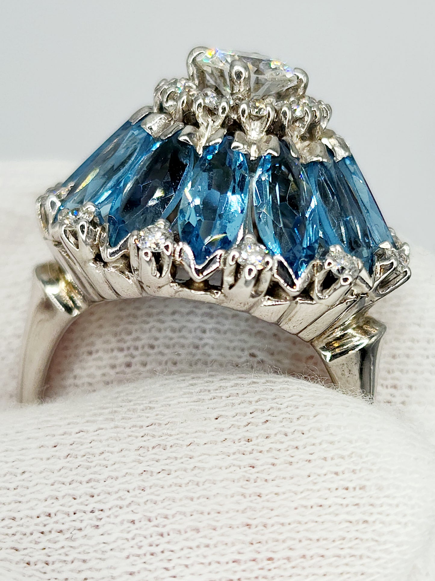 Floral Motif Blue Topaz and Diamond Cluster Ring in 14k White Gold